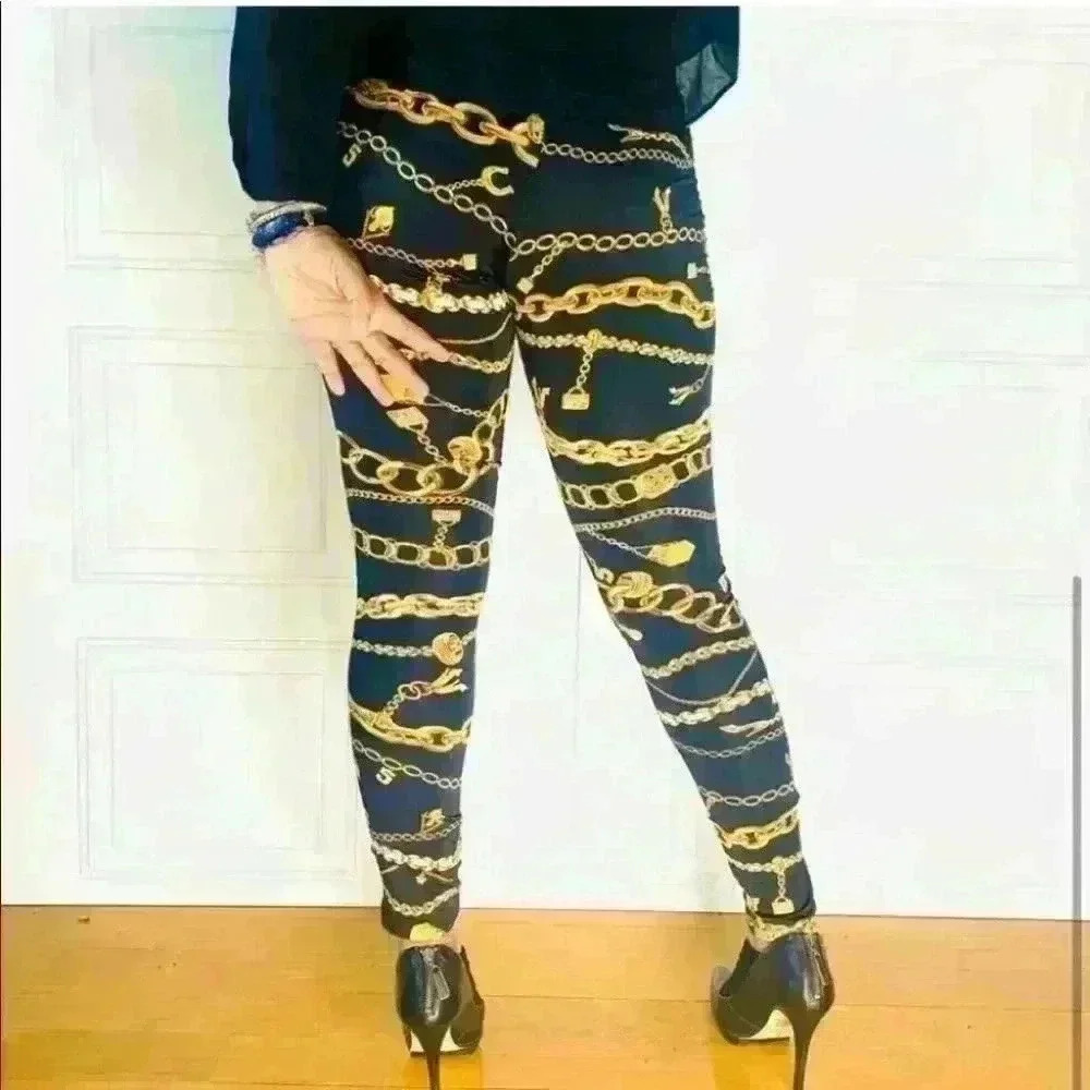 FASHION NOVA LEGGINGS BLACK GOLD MONOGRAM SIZE SMALL